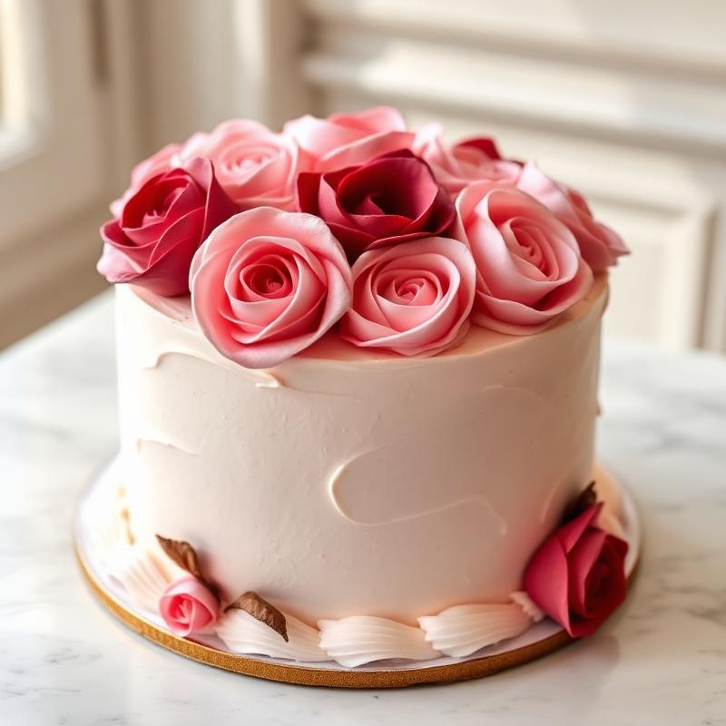 Tarta artesanal de buttercream con rosas rosas y burdeos